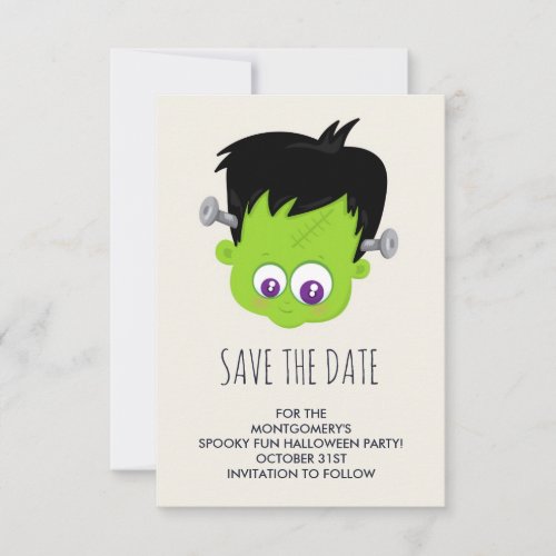 Cute Green Frankenstein Monster face Halloween Save The Date