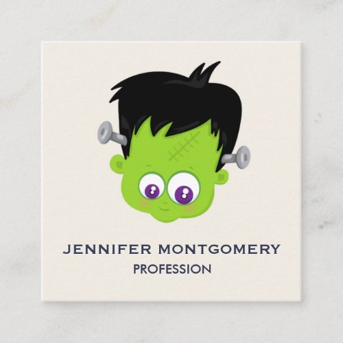 Cute Green Frankenstein Monster face Halloween Square Business Card