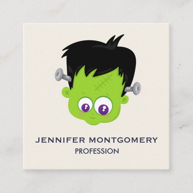 Cute Green Frankenstein Monster face Halloween Square Business Card (Front)