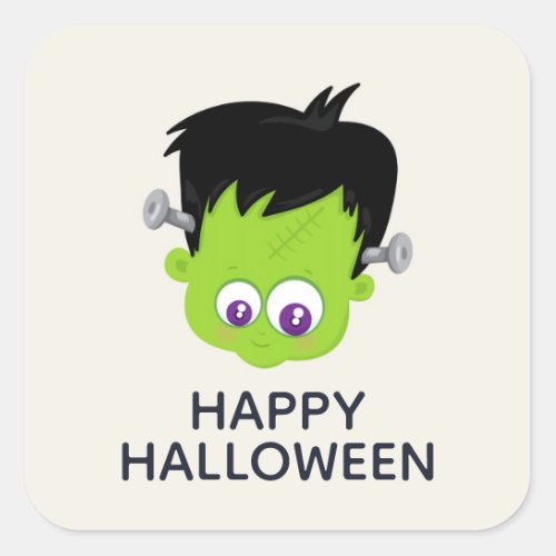 Cute Green Frankenstein Monster face Halloween Square Sticker