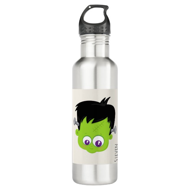 Cute Green Frankenstein Monster face Halloween Stainless Steel Water Bottle (Front)