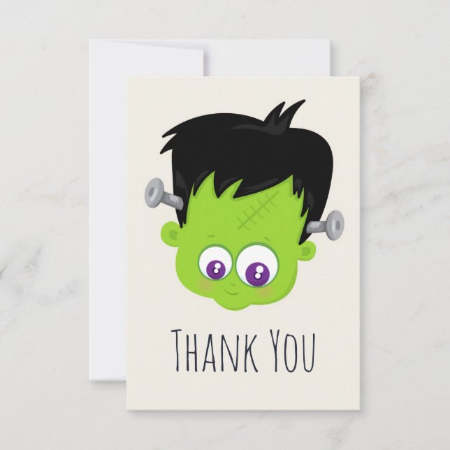 Cute Green Frankenstein Monster face Halloween Thank You Card (Front)
