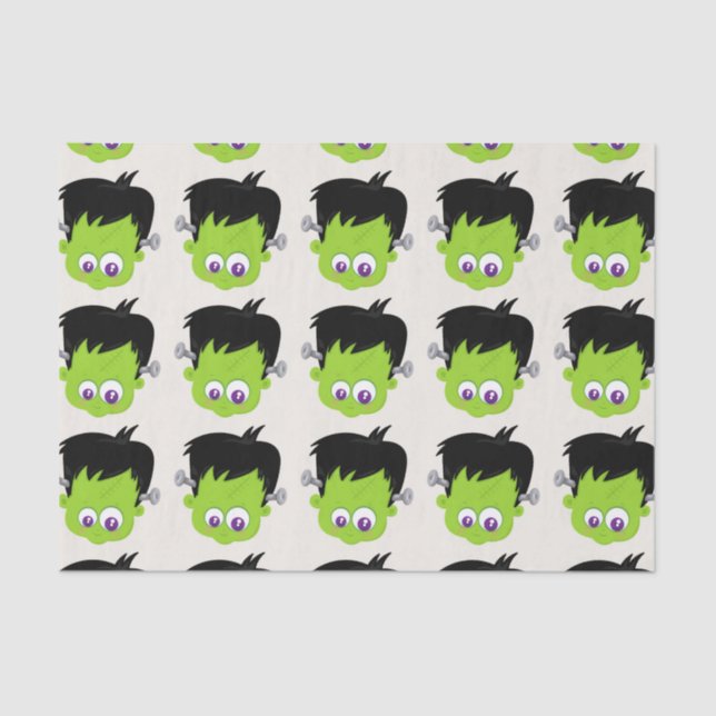 Cute Green Frankenstein Monster face Halloween Tissue Paper (Front)