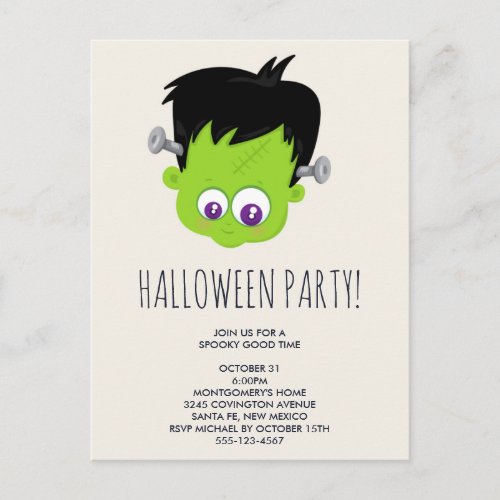 Cute Green Frankenstein Monster Halloween Party Postcard