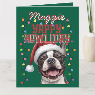 Cute Green French Bulldog Christmas Lights Card