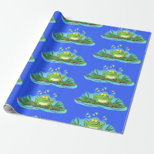 Cute green frog and flies cartoon wrapping paper