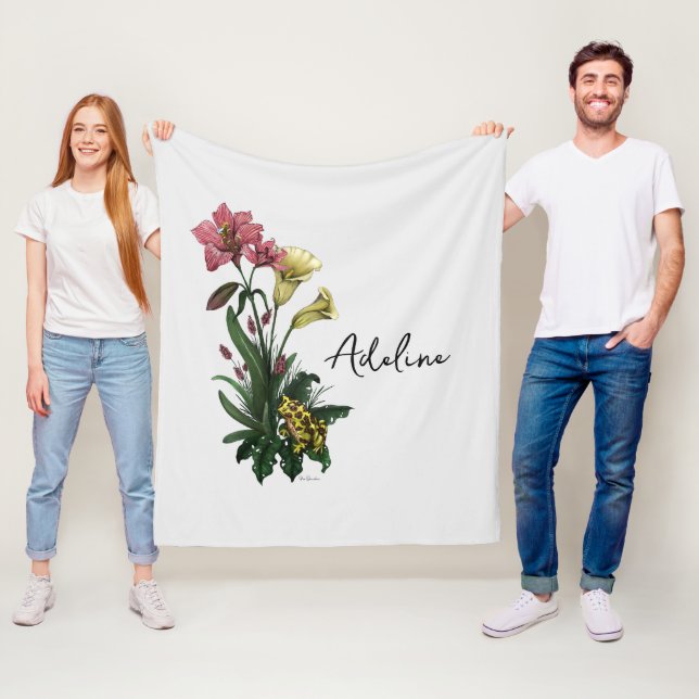 Cute Green Frog and Lily Botanical Floral Art Fleece Blanket (In Situ)