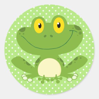 Cute Green Frog And White Polka Dot Classic Round Sticker by designs4you at Zazzle