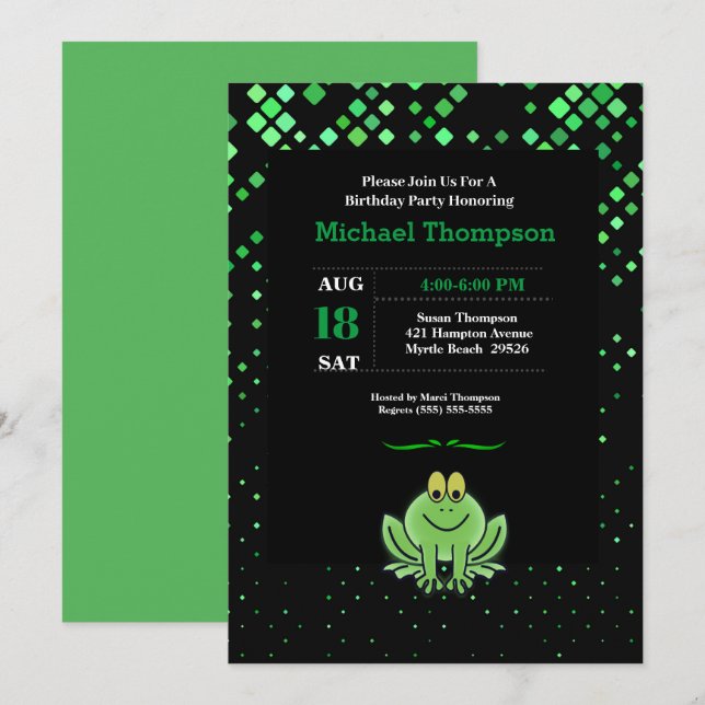 Cute Green Frog Birthday Party Invitation (Front/Back)