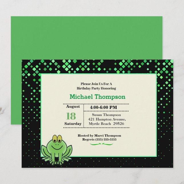 Cute Green Frog Birthday Party Invitation (Front/Back)