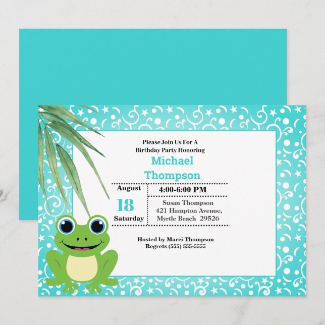 Cute Green Frog Birthday Party Invitation (Front/Back)