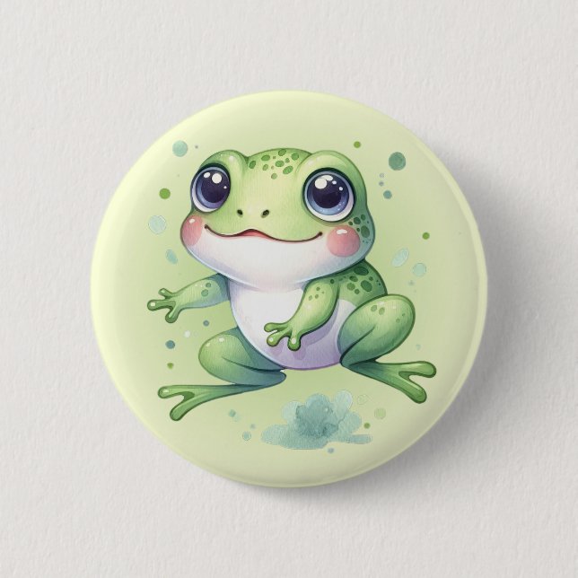 Cute Green Frog Cartoon Button (Front)