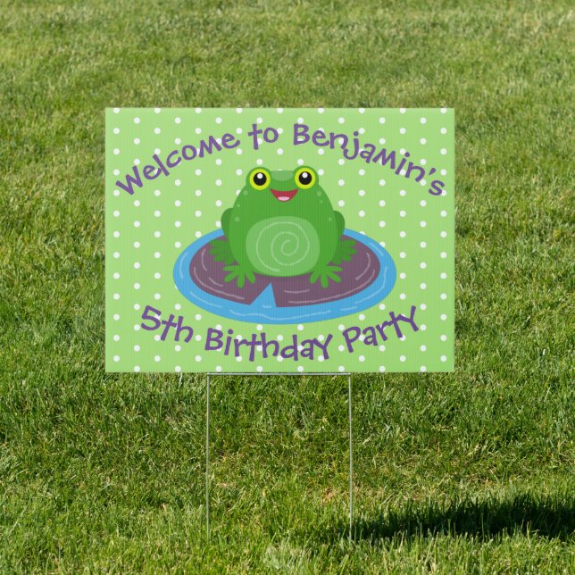 Cute green frog cartoon personalised birthday sign (Insitu)