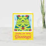 Cute Green Frog Cat With Flowers Spring Blessings Card