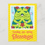 Cute Green Frog Cat With Flowers Spring Blessings Postcard
