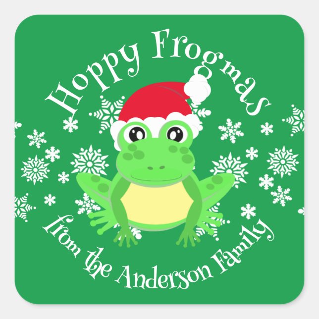 Cute Green Frog Christmas Santa Hat Cartoon Novel Square Sticker (Front)