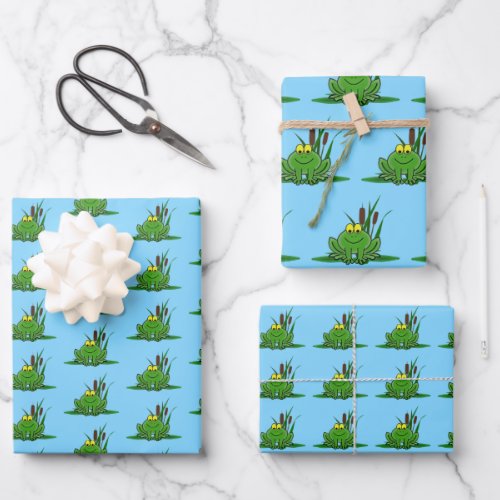 Cute Green Frog Design Wrapping Paper Sheets