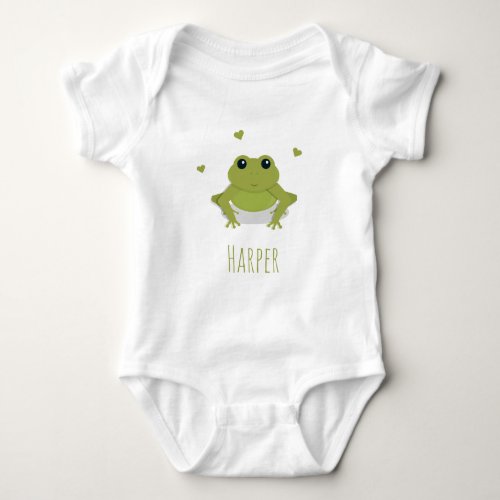 Cute Green Frog Hearts Name Illustration Cartoon Baby Bodysuit