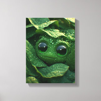 Cute Green Frog Hidden in Dewy Leaves – Whimsical Canvas Print