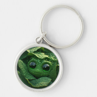 Cute Green Frog Hidden in Dewy Leaves – Whimsical Keychain