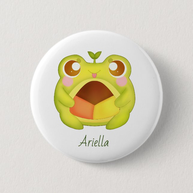 Cute Green Frog Holding Mexican Polvoron Cookie Button (Front)