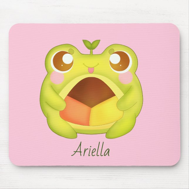 Cute Green Frog Holding Mexican Polvoron Cookie Mouse Pad (Front)