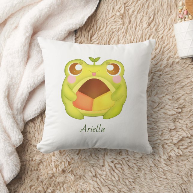 Cute Green Frog Holding Mexican Polvoron Cookie Throw Pillow (Blanket)