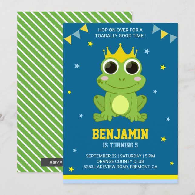 Cute Green Frog Kids Birthday Party Invitation (Front/Back)