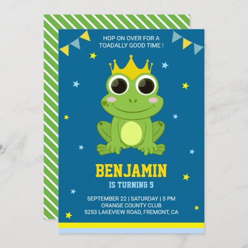 Cute Green Frog Kids Birthday Party Invitation