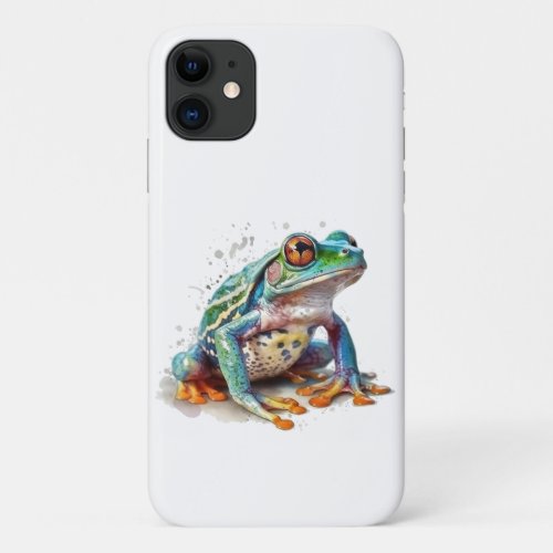 cute green frog looking up in water color iPhone 11 case