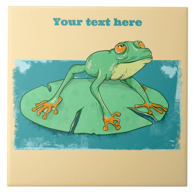Cute green frog on a lily pad ceramic tile (Front)