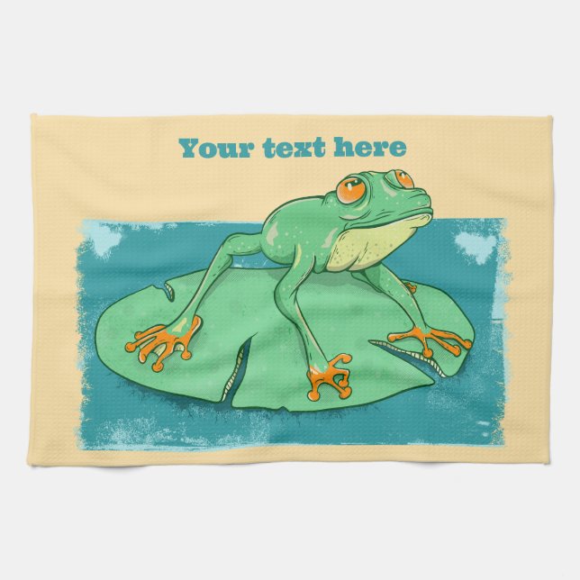 Cute green frog on a lily pad kitchen towel (Horizontal)