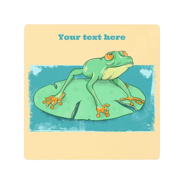 Cute green frog on a lily pad metal print (Front)
