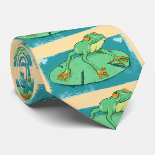 Cute green frog on a lily pad neck tie
