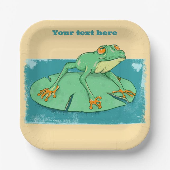 Cute green frog on a lily pad paper plates (Front)