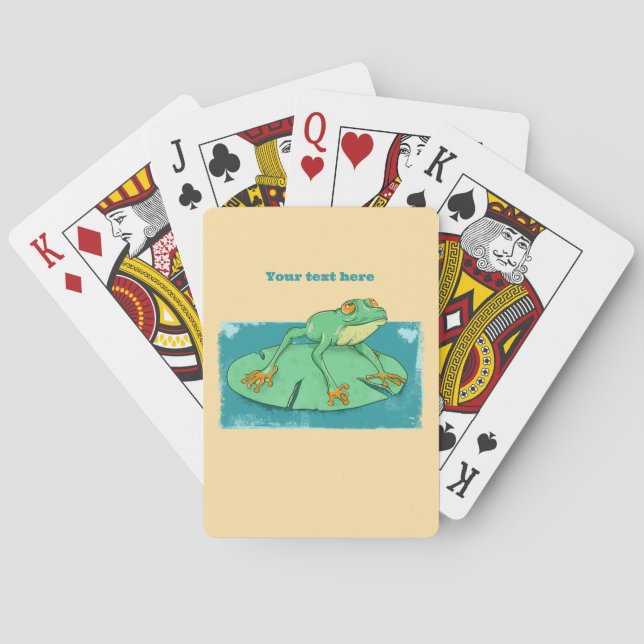 Cute green frog on a lily pad poker cards (Back)