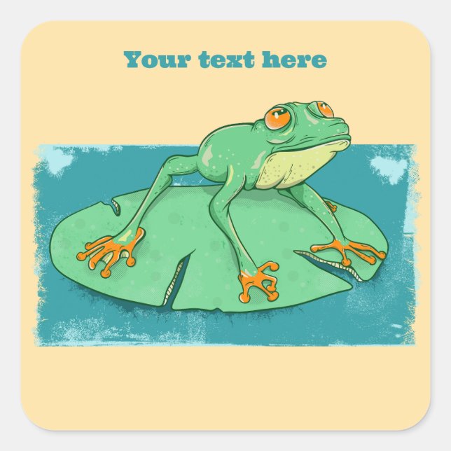Cute green frog on a lily pad square sticker (Front)