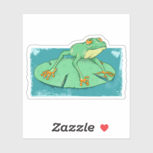 Cute green frog on a lily pad sticker