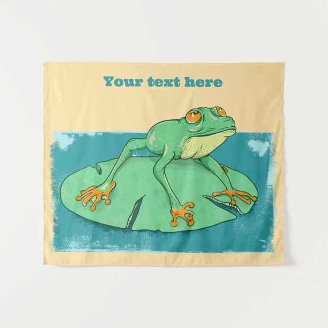 Cute green frog on a lily pad tapestry (Front (Horizontal))