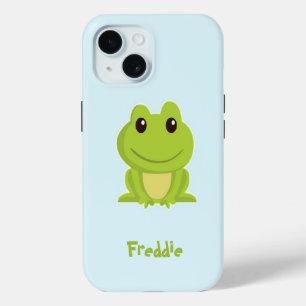 Cute green frog on blue  iPhone 15 case