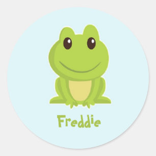 Cute green frog on blue classic round sticker