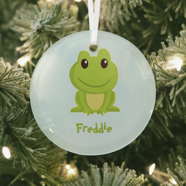 Cute green frog on blue  glass ornament (Insitu)