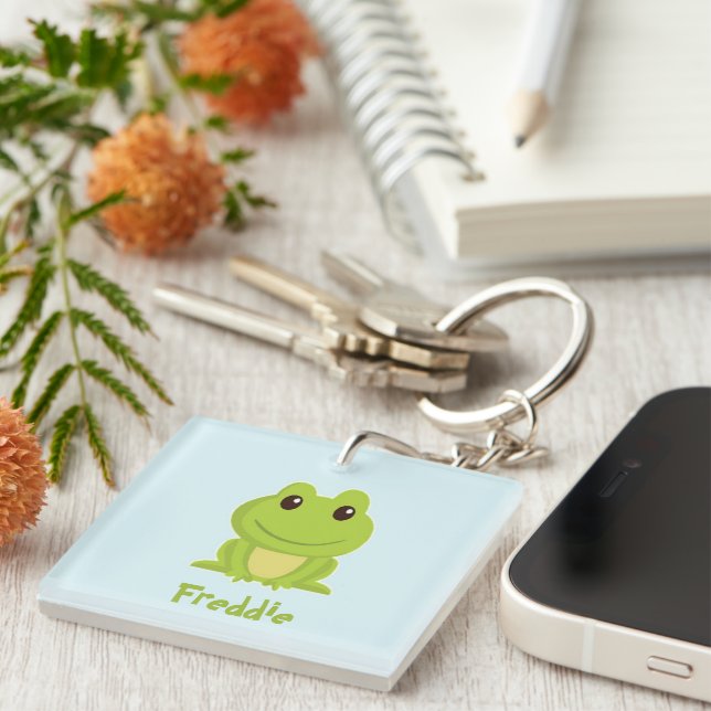Cute green frog on blue  keychain (Front Right)