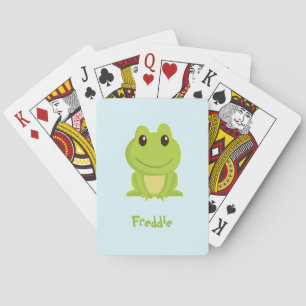 Cute green frog on blue poker cards