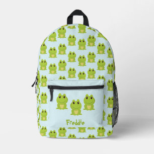 Cute green frog on blue printed backpack