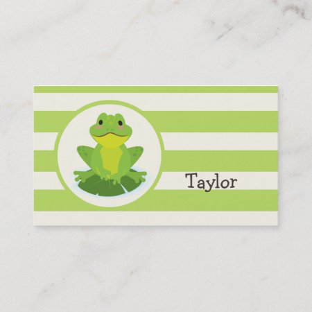 Cute Green Frog On Striped Pattern Business Card