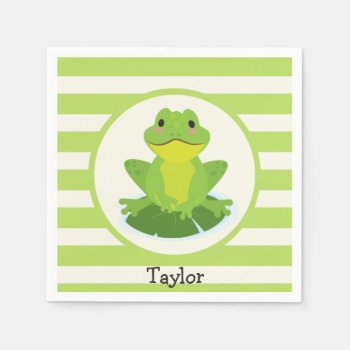 Cute Green Frog On Striped Pattern Paper Napkins by Birthday_Party_House at Zazzle