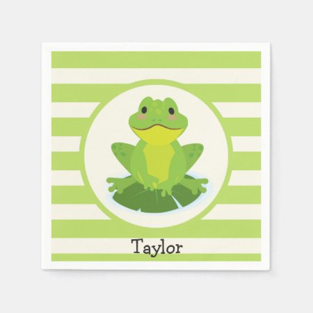 Cute Green Frog On Striped Pattern Paper Napkins