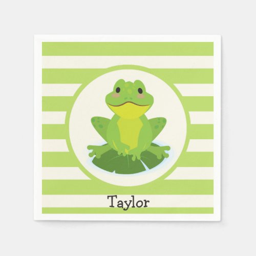 Cute Green Frog on Striped Pattern Paper Napkins