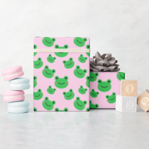Cute Green Frog Pattern Pink  Wrapping Paper
